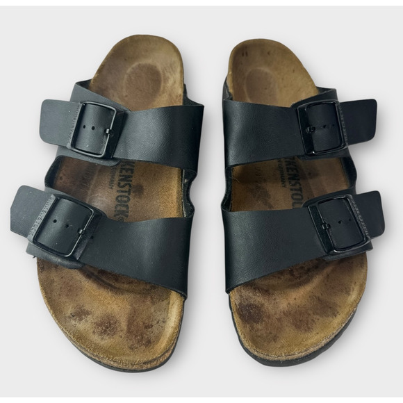 Birkenstock Arizona Slide Sandals 2 Strap Buckle Men's 6 Women's 8 Black Leather - Picture 16 of 16